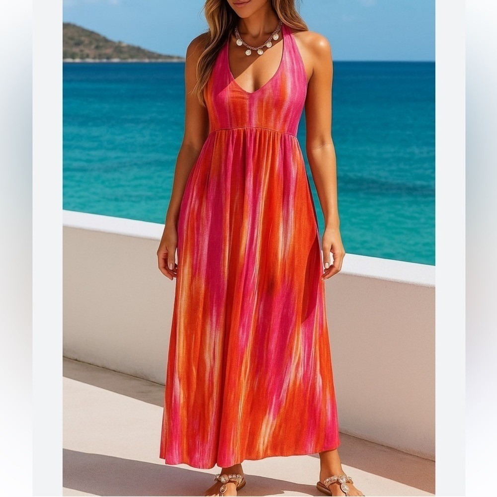 Tommy Bahama Sunset Ablur Halter Pink Orange Maxi Dress. Size Small.‎